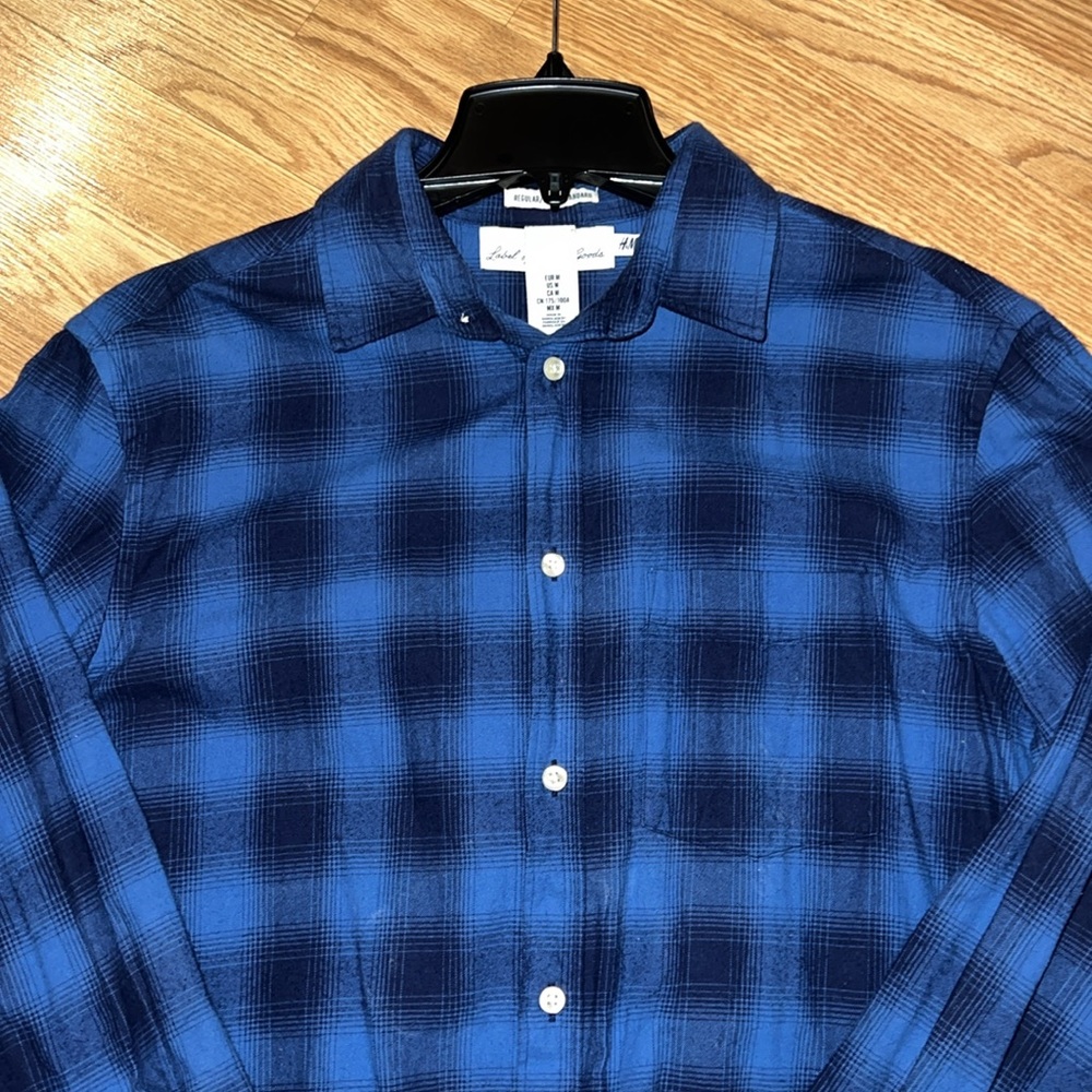 H&M Shirt Adult Large Blue Black Plaid Outdoors Button Up Long Sleeve Mens M
